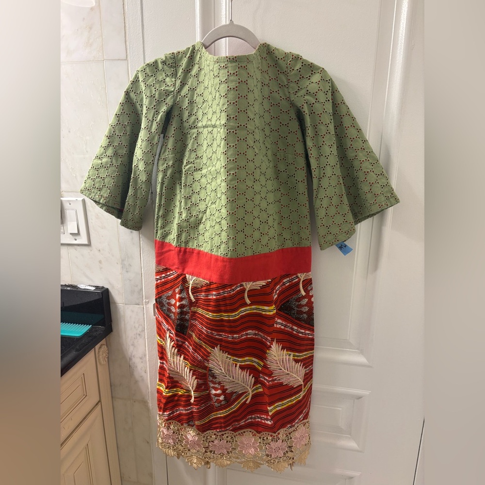 Handmade Sage Green & Bright Red Patterned Dress - Picture 2 of 7